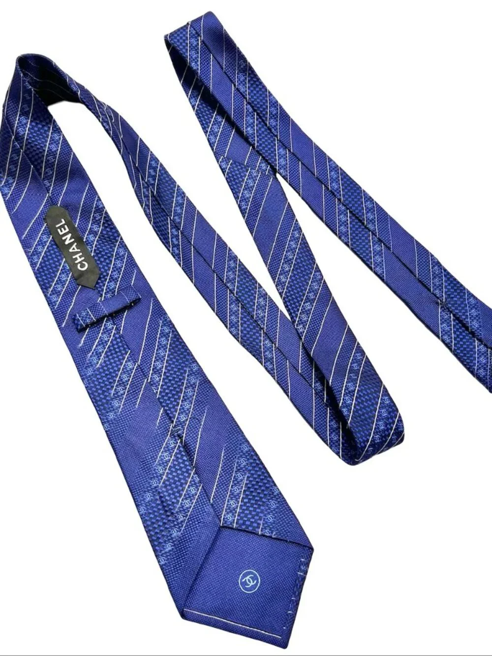 Classic Chanel Paris 100% Silk Necktie Blue Striped Logo Printed Italy Made(2) - Picture 11 of 15